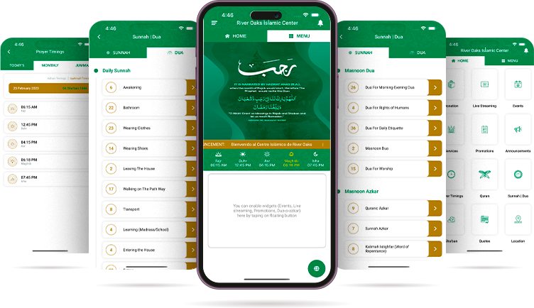 Screens of the River Oaks Islamic Center mobile app showing prayer timings, duas and the home menu
